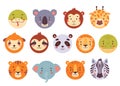 Circle animal faces set for UI or mobile application. Cute kawaii avatars collection for kids game, simple head icons in