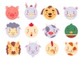 Circle animal faces set for UI or mobile application. Cute kawaii avatars collection for kids game, simple head icons in