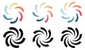 Circle arc cuts arranged in larger round, forming whirlpool swirl or fan blades like symbol, version with six to eight elements