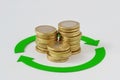 Circle arrows with euro coins stacks - Concept of finance, cash back and money circulation