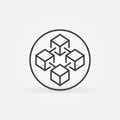 Circle with Blockchain linear vector icon. Four connected blocks round symbol