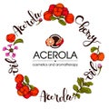 Circle with branch acerola cherry, fruit, flower and lettering. Detailed hand-drawn sketches, vector botanical