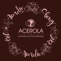 Circle with branch acerola cherry, fruit, flower and lettering. Detailed hand-drawn sketches, vector botanical illustration Royalty Free Stock Photo