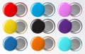 Circle button badge. Blank round pinned plastic or metal pin label, glossy colorful brooch pins isolated vector mockup Royalty Free Stock Photo