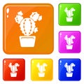 Circle cactus icons set vector color