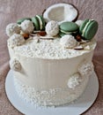 circle, cake with grated coconut and macaroon. dessert for my lady\'s party.