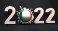Circle with cargo port and travel relative silhouettes and flag of Ireland. 2022 year number