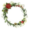 Circle Christmas frame with pine tree branches, red berries, holly berry, poinsettia flower. Greeting card template with space for Royalty Free Stock Photo