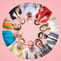 Circle collage of different men and women showing sad and negative emotions on pink background.