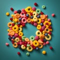 Circle of colored fruit cereal rings on a blue background, top view
