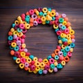 Circle of colored fruit cereal rings on a wooden background, top view