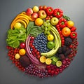 Circle of colorful fruit and vegtables.