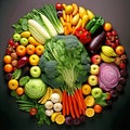 Circle of colorful fruit and vegtables.