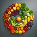 Circle of colorful fruit and vegtables.