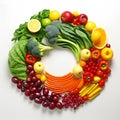 Circle of colorful fruit and vegtables.