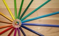 Circle of colorful pencils rainbow order on wooden table Royalty Free Stock Photo