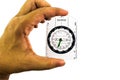 Circle Compass with transparent plastic plate in man hand