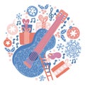 Circle composition of acoustic guitar with Christmas decor and snowflakes. Misic festival vector background concept in doodle hand