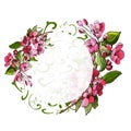 Circle composition of blossoming pink branch of apple tree and flowers. Hand drawn colored sketch of malus flowers. Royalty Free Stock Photo