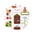Circle composition of cats and their houses on white background. Different feline equipment, furniture Cat tree with cat house and