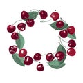 Circle composition with cherry fruits. Berry wreath frame, trendy summer background with cherries and leaves. Vector