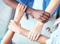 Circle, connection and teamwork of doctors hands in healthcare power, group support and team synergy above. Integration Royalty Free Stock Photo