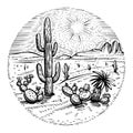 Circle desert vector. Round western landscape sketch with cactus, sunset and rocks.