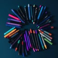 A circle of different colored crayons arranged in a circle. AI generative image. Royalty Free Stock Photo