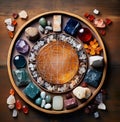 A circle of different colored stones sits on a wooden surface