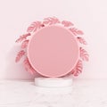 circle display product stand plant fern monstera pink pastel concept nature skincare cosmetic advertisement girl concept female.