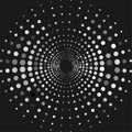 Circle With Dots For Design Project. Halftone Effect Vector Illustration. White And Gray Dots On Black Background. Black And White