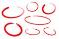 Circle draw set, design elements of highlighting, red marker isolated on white background, vector illustration.