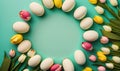 a circle of eggs and tulips on a blue background with a green leafy border in the middle of the circle is a yellow tulip