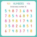 Circle every number Eight. Numbers for kids. Worksheet for kindergarten and preschool. Training to write and count numbers. Exerci