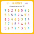 Circle every number Five. Numbers for kids. Worksheet for kindergarten and preschool. Training to write and count numbers. Exercis Royalty Free Stock Photo