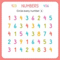 Circle every number Four. Numbers for kids. Worksheet for kindergarten and preschool. Training to write and count numbers. Exercis