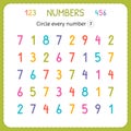 Circle every number Seven. Numbers for kids. Worksheet for kindergarten and preschool. Training to write and count numbers. Exerci
