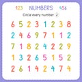 Circle every number Two. Numbers for kids. Worksheet for kindergarten and preschool. Training to write and count numbers. Exercise