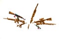 Circle of Fake AK Kalashnikov assault rifles hanging on white background