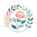 A circle featuring a variety of leaves and flowers in a whimsical watercolor style, Subtle watercolor floral elements for a