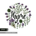 Circle filled twig of thyme with leaves and flowers and lettering Thyme