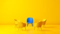 Circle of Five Chairs. The Blue Chair Stands Out From the Crowd of Yellow Chairs Against on a Yellow Studio Background.