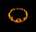 Circle flame, heat and light on black background with texture, pattern and burning energy. Orange fire, fuel and flare