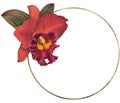 Circle, floral frame with red orchid, leaves, gold circle element isolated on white background. Orchids frame watercolor