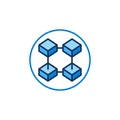 Circle with Four Connected Blocks icon. Blockchain vector blue round symbol