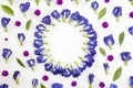 Circle frame of blue pea and Globe Amaranth flowers