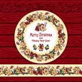 Circle frame and border from Christmas elements on red wood background Royalty Free Stock Photo