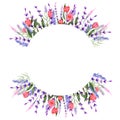 Circle frame border with watercolor pink wildflowers and lavender