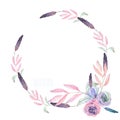 Circle frame, border, wreath with watercolor tender flowers and leaves in pastel shades