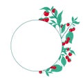 Circle frame with cherry tomatoes on the bushes with leaves on white background. Vector natural flat border. Gardening